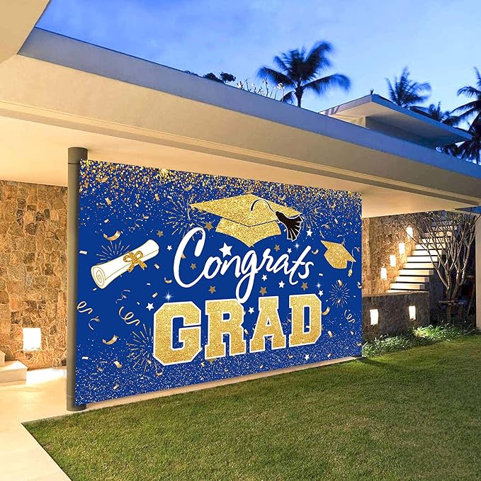 Graduation Party Decorations - Blue Gold Congrats Grad Class of 2026 Backdrop Banner Large Sign Wall Decorations Photography Background Party Supplies for 2026 Graduation Party Decorations