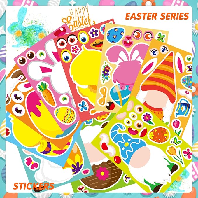 27 Sheets Easter Stickers Easter Gifts for Kids Toddlers Make Own Face Gnome Bunny Sheep Rabbit Colored Egg Chicks School Game Activities Party Favor Supplies