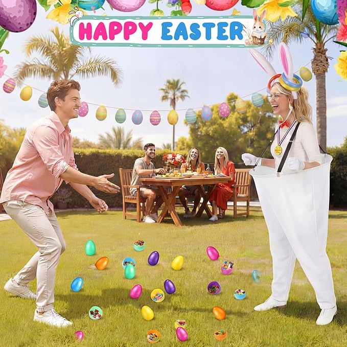 Vinsot 16 Pcs Easter Granny Pants Yard Game Set Oversized Granny Pants with Colorful Easter Eggs, Bowtie, Bunny Ears and Tail, Outdoor Tossing Game Bunny Suit for Spring