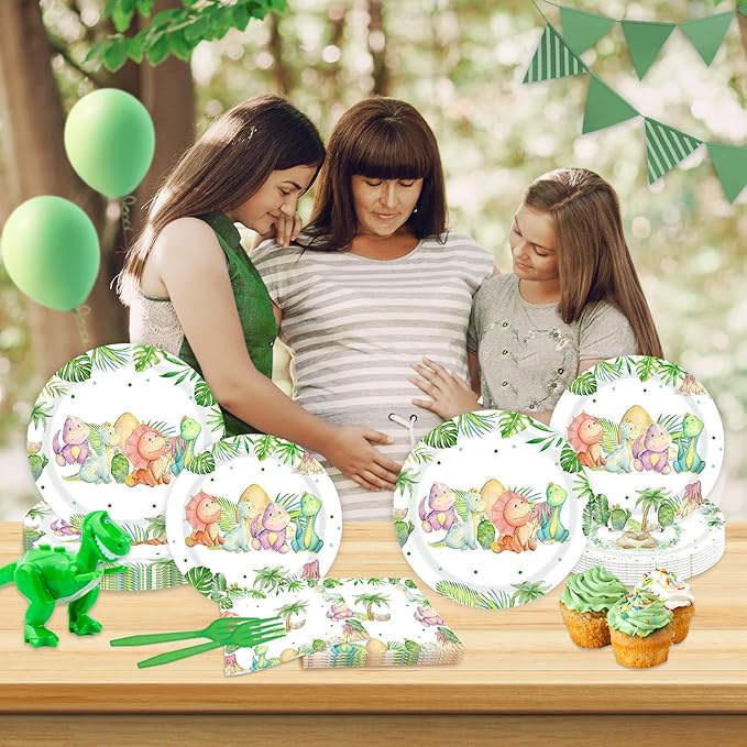96 Pieces Dinosaur Birthday Party Decorations Supplies Dinosaur Baby Shower Party Tableware Set Watercolor Dino Baby Shower Birthday Party Dessert Plates Napkins Forks for 24 Guests