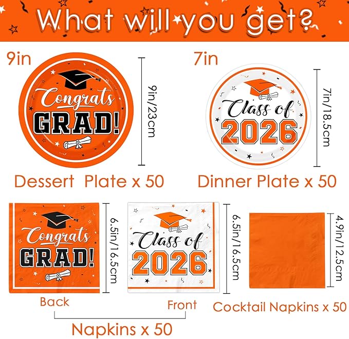 Graduation Party Plates and Napkins Orange Class of 2026 Grad Congrats Party Supplies Disposable Dessert Paper Plates Cocktail Napkins forGraduation Party Decorations,Serve 50
