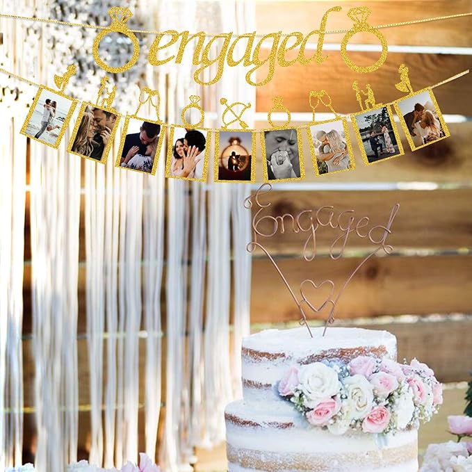 Engagement Wedding Decorations, Gold Engaged Banner and Photo Banner with Romantic Memories Picture Card Frames for Engaged/Wedding/Anniversary/Valentines Day Party