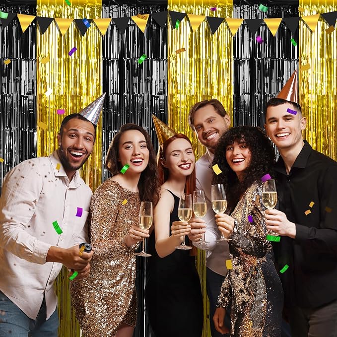 6Pack 3.3Ft x 6.6Ft Graduation Foil Fringe Curtain Backdrop Decorations, Black Gold Metallic Tinsel Foil Streamers Curtain Photo Booth Background for Graduation Prom Wedding Birthday Party Decorations