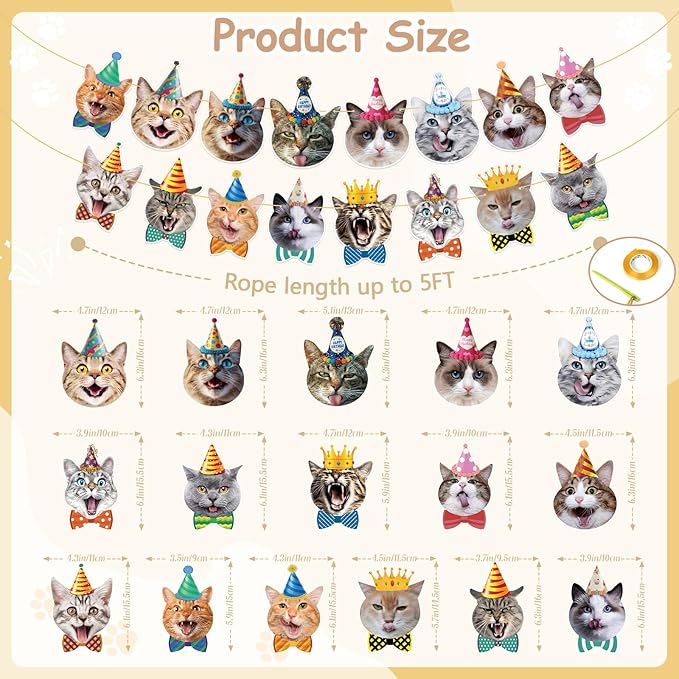 Cat Happy Birthday Banner - Cat Birthday Party Decorations Party Decor Supplies for Kids, Boys, Girls, Baby Showers