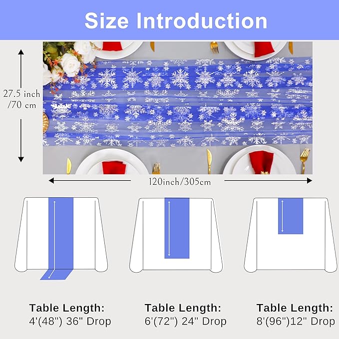 Snowkingdom Blue Silver Christmas Snowflake Table Runner, 10ft Royal Blue Tulle Gauze Sheer 120 Inch Winter Cheesecloth Table Runner for Seasonal Holiday Party, New Year, Wedding Dining Table Decor