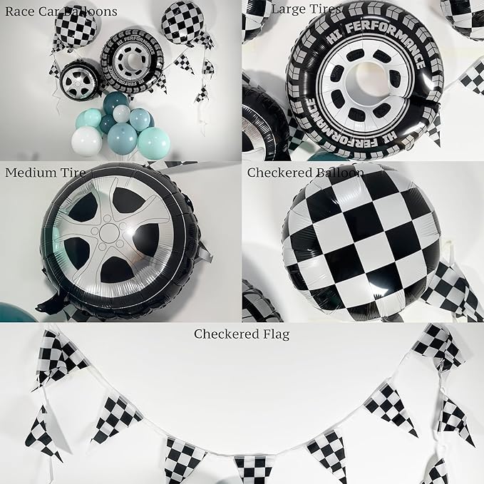 Race Car Balloon Arch Garland Kit 152Pcs Dusty/Peacock/Teal Blue and White Balloons with Wheel Checkered Foil Balloons and Checkered Flag Banner for Two Fast Birthday Party Decorations