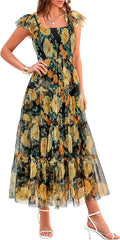 PRETTYGARDEN Women's Summer Tulle Midi Dress Sleeveless Smocked Ruffle Flowy Mesh Dresses Party Wedding Guest Sundress