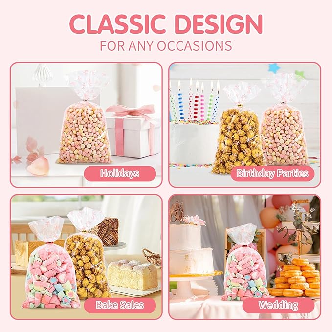 Docvania Cello Cellophane Treat Bags Pink Bow Candy Bags 100 pcs 6 X 11 Goodie Gift Bag with Twist Ties for Baby Shower,Valentine's Day Birthday Parties and Weddings
