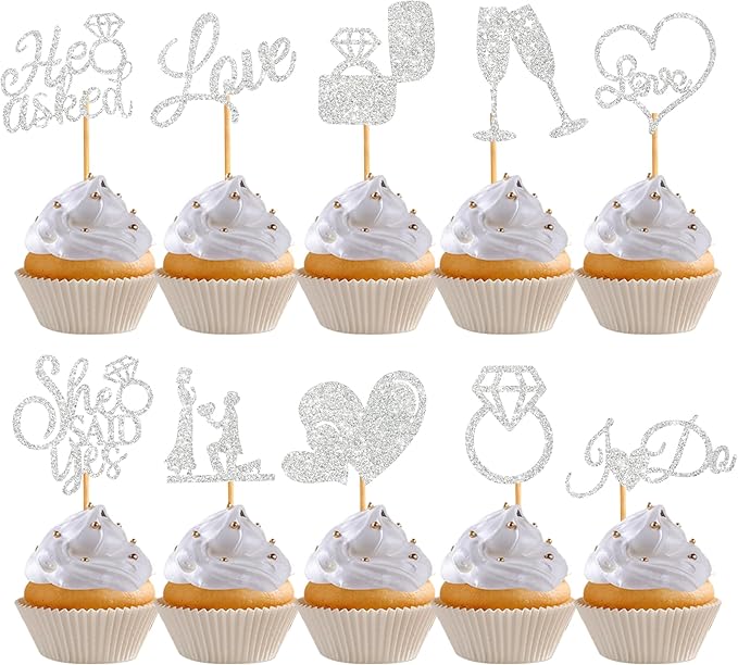 60 Pcs He Asked She Said Yes Cupcake Toppers,Engagement Cupcake Toppers Glitter Diamond Ring Heart Love I Do Cupcake Picks for Engagement Wedding Party Cake Decorations,Silver