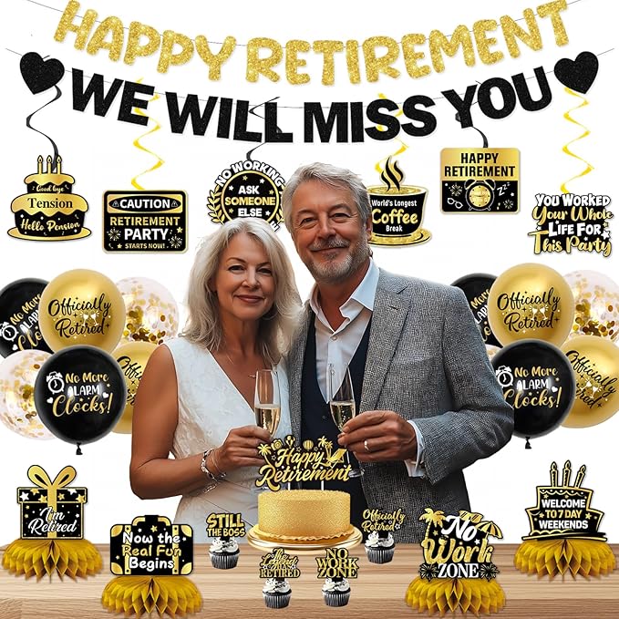 Retirement Party Decorations Men Women, Black Gold Happy Retirement Decorations, Pre-Strung Happy Retlrement & We Will Miss You Banner, Balloons, Hanging Swirl, Cake Topper, Retired Sash Honeycomb Set