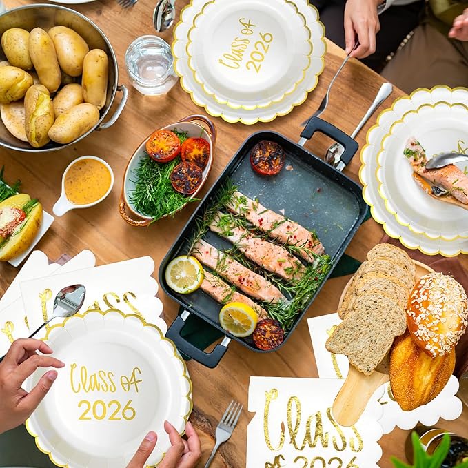 Class of 2026 Graduation Party Supplies, 175 Pcs Congrats Grad Paper Plates Napkins and Cups Cutlery Disposable Tableware Set for College High School Congrats Decorations, Serves 25 (Gold)