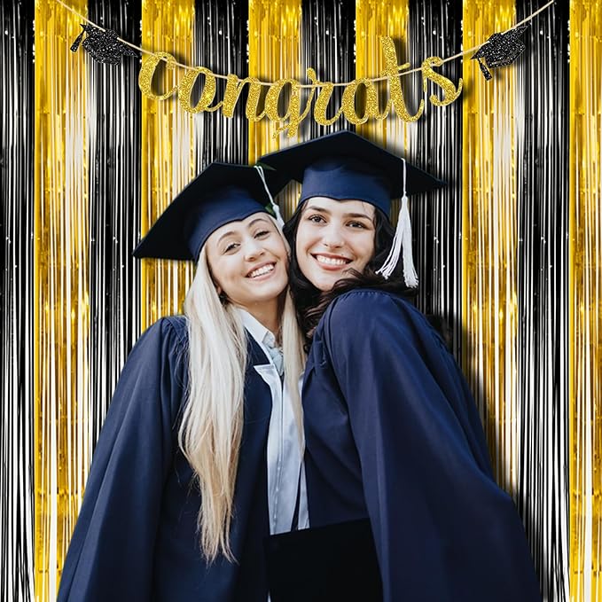BRAVESHINE 3.2 x 8.2ft Black Gold Foil Fringe Curtains - 2 Pack Tinsel Photo Booths Party Streamers Backdrop for New Years/Boy/Men/Birthdays/Engagement/Homecoming/Farewell/Prom/Christmas Decorations