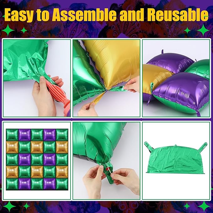 50 Pcs Mardi Gras Party Decor Double Sided Square Foil Balloons Wall Backdrop 19'' Purple Green Gold Foil Balloon Tunnel Arch Garland Kit for Fat Tuesday New Orleans Carnival Masquerade Party