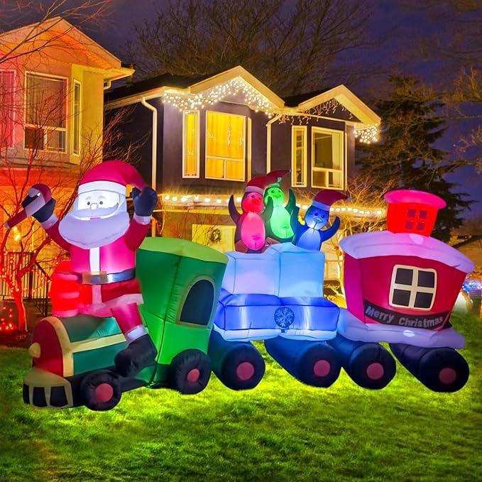 TRMESIA Christmas Inflatable Santa Train Decoration for Outdoor, 8ft Long Santa Claus Penguin Train Blow up Decoration with Flashing Lights Christmas Indoor Outdoor Yard Holiday Display Party Decor
