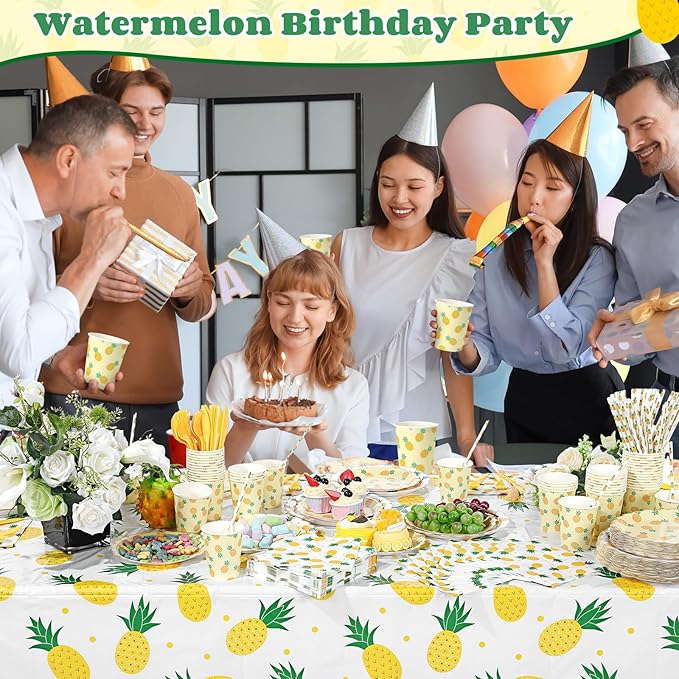 Ceenna 452 Pcs Pineapple Party Supplies for 50, Summer Fruit Paper Plates Napkins Cups Tablecloth Cutlery Straw Yellow Disposable Tableware for Birthday Bridal Baby Shower Wedding Party Decoration