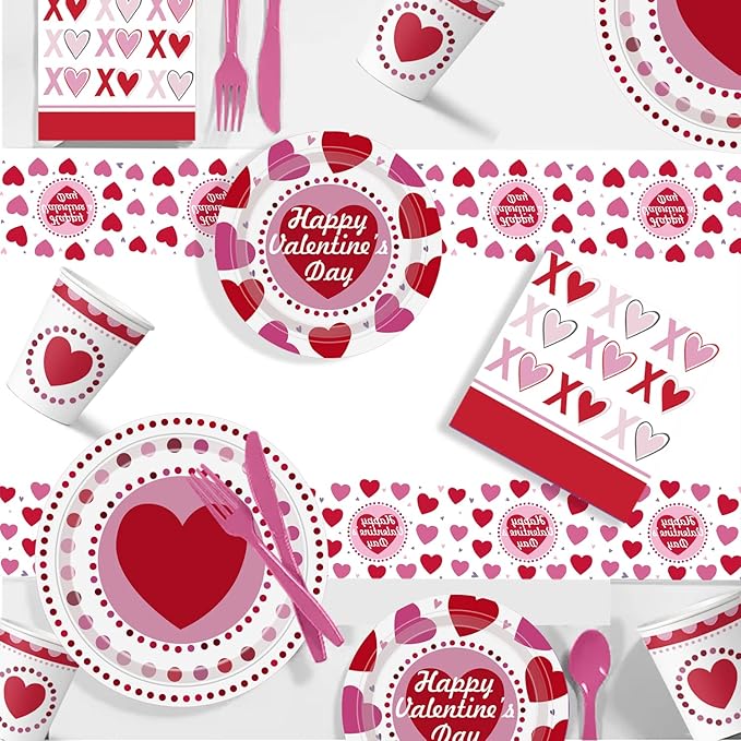 Valentines Day Paper Plate Tableware Set - 177 pcs Heart and Love Disposable Dinnerware with 2 Tablecloth - Red Paper Plates Napkins Cups for Valentines Day Kids School Office Party Supply