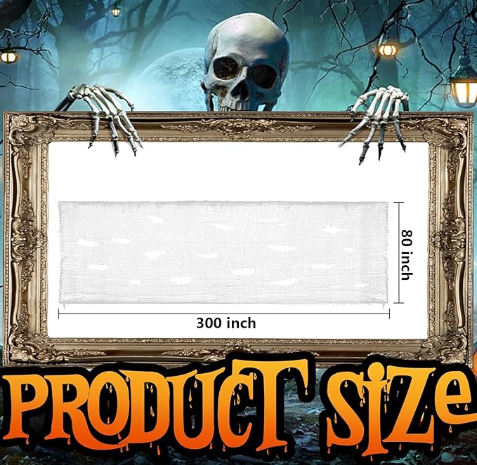 Watayo 300 x 80 Inch Halloween Creepy Cloth, White Large Size Halloween Scary Spooky Cloth, Windows Doorways Cover Gauze for Holiday Party Haunted House Decorations