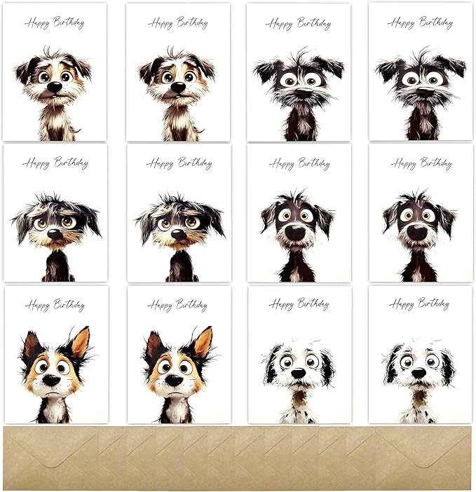 Birthday Cards Pack of 12,Birthday Cards Bulk for Women Men Kids Assorted Birthday Greeting Cards for Kids Assortment, 12 Card with Envelopes (Cartoon puppy)