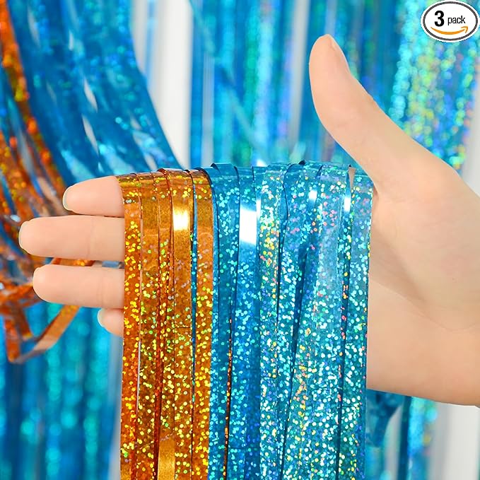 Melsan Heavy Duty Tinsel Fringe Curtain, 3 Pack 3.2 x 8.2 ft Extra Long Thicker Blue & Orange Streamers, Includes Adhesive + 3 Extra 3.1 Ft Tapes, Blue Dog Themed Birthday Backdrop & Photo Booth Prop
