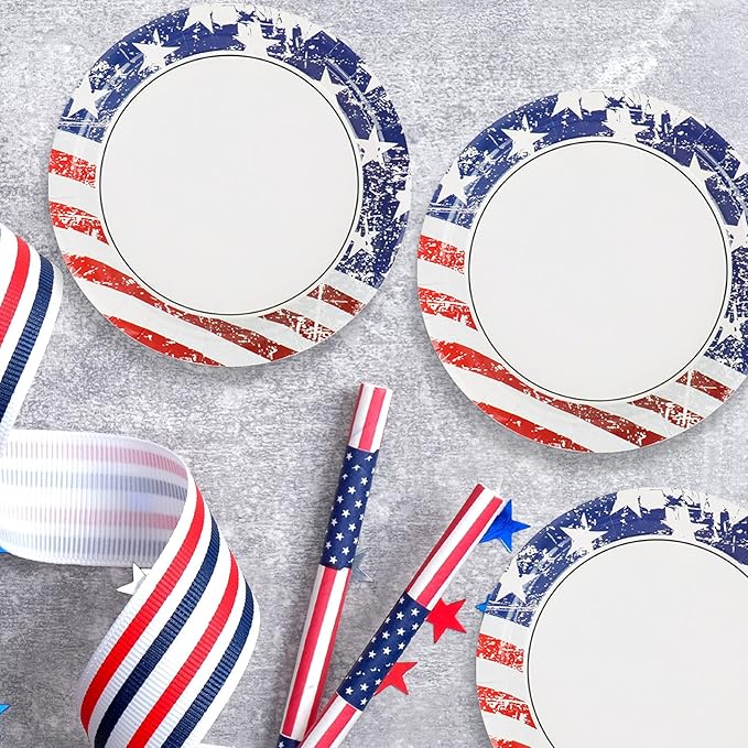 48pcs 4th of July Party Paper Plates 7" Patriotic American Flag Dessert Plate Set Disposable Independence Day Memorial Day Tableware Party Dinnerware Kit Supplies Holidays Birthday Decoration