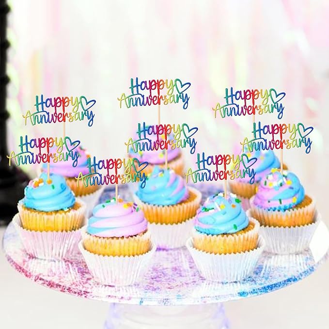 24 PCS Happy Anniversary Cupcake Toppers - Glitter Wedding Picks, Decorations for Baby Shower, Birthday Party Cake - Colorful Supplies