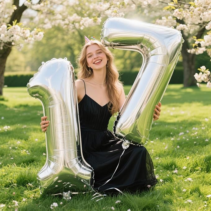 40 Inch Silver Number 17 Digital Balloon,Jumbo Mylar Foil Helium Balloon for 17 Balloons for Birthday Party,Wedding Anniversary Party Decorations