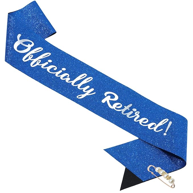 Officially Retired Elegance Sash - Retirement Sash for Both Women and Men with Pearl Safety Pin. Perfect for Retirement Parties, Events, and Thoughtful Novelty Gifts (2 Blue, Large)
