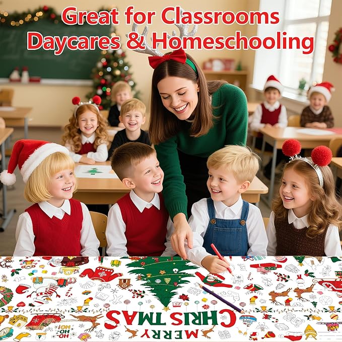 AinDen Giant Christmas Coloring Poster Tablecloth for Kids, 30×72 Jumbo Holiday Coloring Banner, Xmas Crafts & Activities for Parties, Classrooms, Kids Gifts