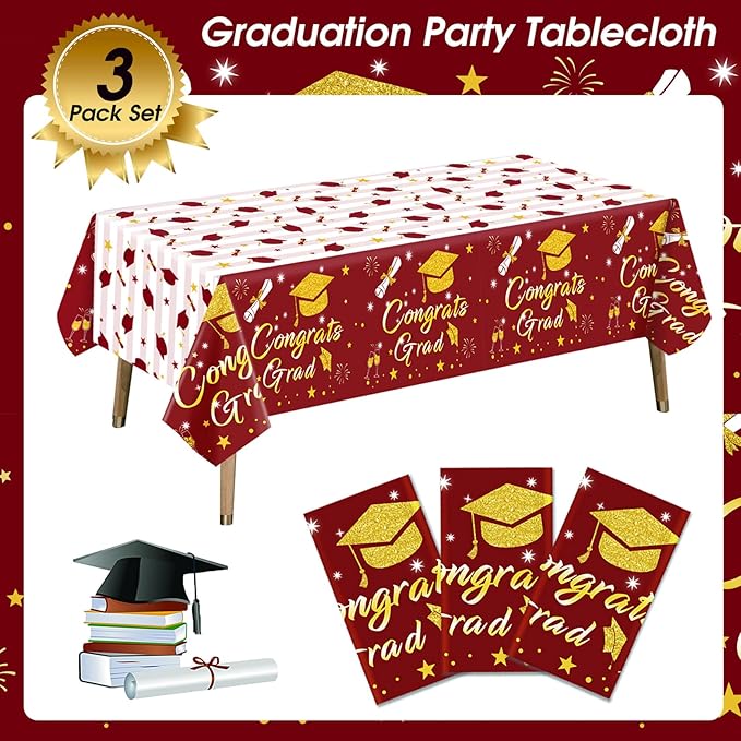 Graduation Tablecloth Party Decorations Class of 2026 3 Pack Maroon and Gold 54"x108" Congrats Grad Disposable Rectangle Table Cover Plastic Burgundy Table Cloth for College High School Party Supplies