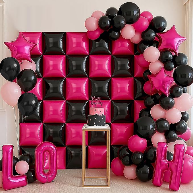 Pink and Black Square Foil Balloons Wall, Double Sided Chrome Hot Pink Black Balloons Tunnel Arch Kit Backdrop for Girl Birthday Party Wedding Engagement DIY Hula Hoop Decorations