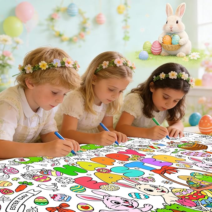 3 PCS Easter Coloring Tablecloth, Easter Crafts for Kids, 72" x 30" Giant Paper Coloring Table Cloth Banner for Gifts Activities, Fun DIY Art Easter Decorations Supplies for Family School Party Games