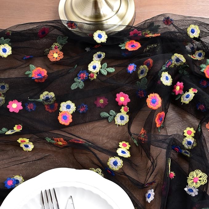 Joanlody Black Embroidery Daisy Spring Summer Table Runner 10ft Florals Seasonal Easter Tulle Table Runner Holiday Kitchen Dining Table Decoration for Home Party Indoor