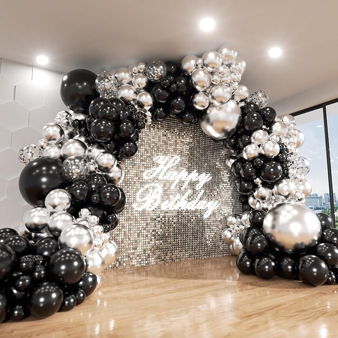 Black and Silver Balloon Arch Kit, 140Pcs Different Sizes inch Black Metallic Silver Balloons and Confetti Party Balloon Garland Kit for Birthday, Wedding, Graduation, Anniversary Decorations