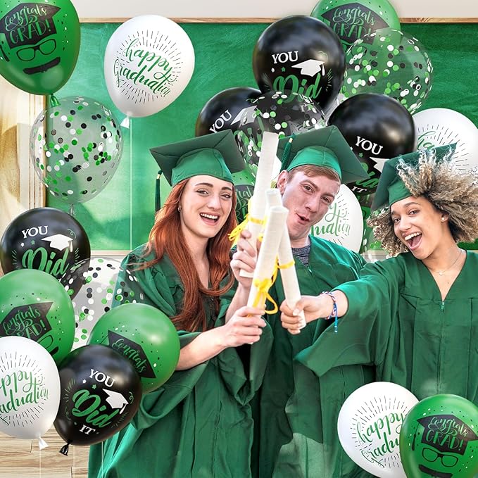OuMuaMua 75 Pack Graduation Party Decorations Balloons Set - 12 Inch Black Green White Confetti Graduation Balloons with 2 Ribbons for Class of 2026 Congrats Grad Birthday Party Decor Supplies