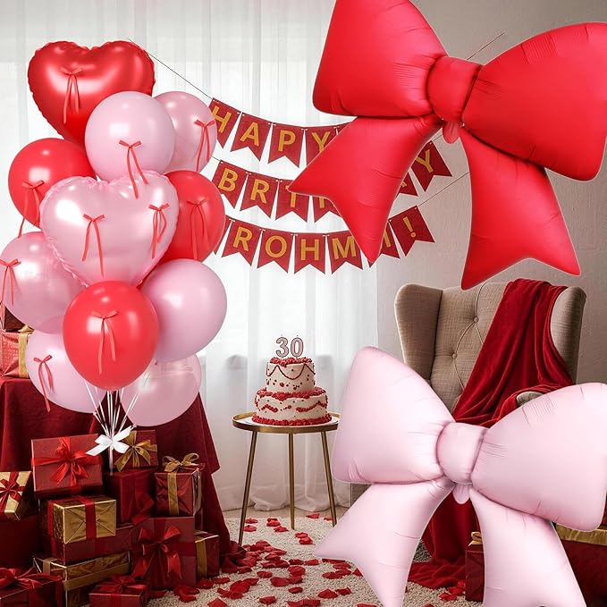 Paready Red Heart Balloons, 38 Inch Pink Bow Balloons, Pearl Pink Red Valentine Balloon Latex and Bow Heart Shaped Foil Balloon for Girls Birthday Bridal Baby Shower Valentines Decorations
