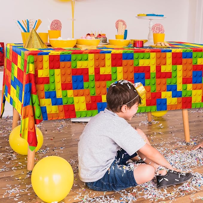 3pcs Building Block Tablecloths, Birthday Party Supplies Waterproof Plastic Colorful Blocks Bricks Table Cover for Building Block Party Decoration