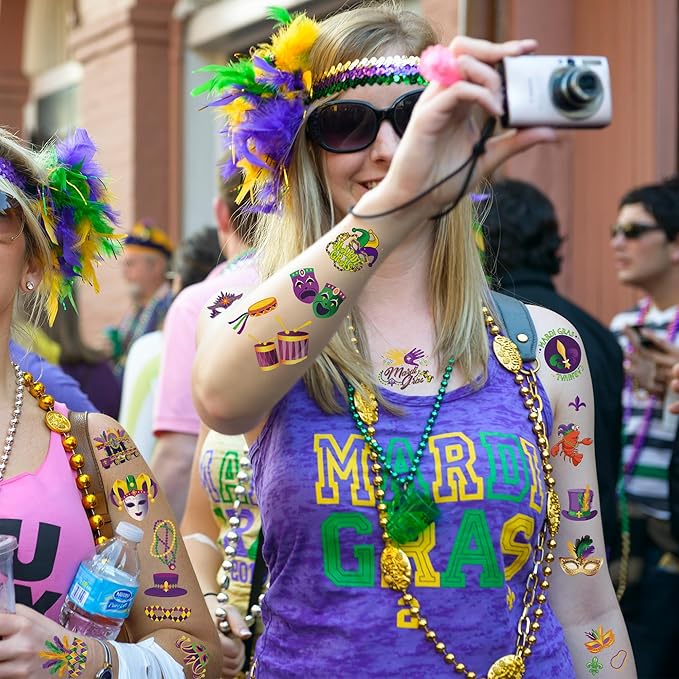 12 Sheets Mardi Gras Tattoos, Mardi Gras Stickers Accessories, New Orleans Carnival Party Favors Crown Mask Tattoos Stickers for Fat Tuesday Parades Masquerade Decorations