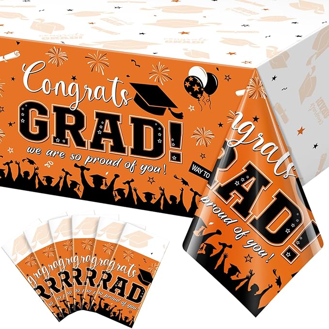 6 Pack Graduation Tablecloth Party Decorations, Class of 2026 Congrats Grad Plastic Tablecover Party Supplies, Orange Rectangle Graduation Table Decorations for College High School Party, 54 x 108Inch