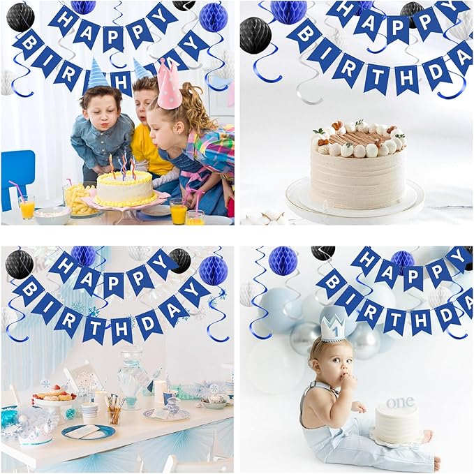 Blue Birthday Decorations,Blue and White Happy Birthday Banner with Honeycomb-Style Decorative Balls,Feet Circle Dot Garland,Stars Swirls Streamers,Blue Birthday Decorations for Men Women Boys Girls