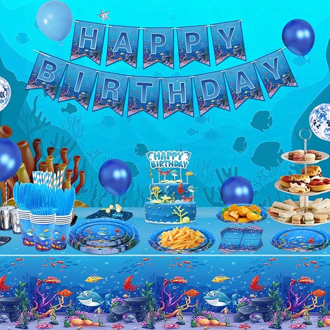 223 Pack Under the Sea Party Supplies Ocean Sea Party Tableware Set Plates Cups Napkins Tablecloth Banner Balloons Cake Toppers for Underwater World Birthday Ocean Animal Party Decorations Serves 20