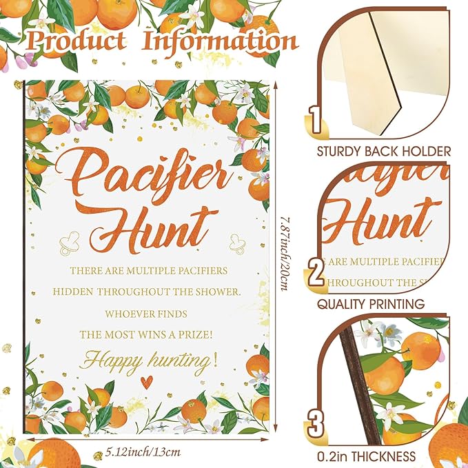Thyle 51Pcs Little Cutie Pacifier Hunt Baby Shower Games Include Orange Hunt Sign and 50 Acrylic Pacifiers a Little Cutie Is on The Way Theme Baby Shower Game Decoration for Gender Reveal Party Decor