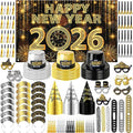 MOVINPE 2026 New Years Eve Party Supplies Bulk Serve 60 - New Year's Banner Backdrop Top Hats, Cone Hats, Tiara, Glasses, Bead Necklace, Leis, Horns, Blowouts, Noiese Makers, Event Party Favors