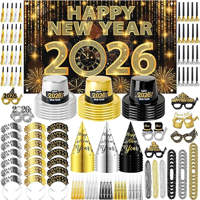 MOVINPE 2026 New Years Eve Party Supplies Bulk Serve 60 - New Year's Banner Backdrop Top Hats, Cone Hats, Tiara, Glasses, Bead Necklace, Leis, Horns, Blowouts, Noiese Makers, Event Party Favors