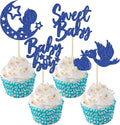 24Pcs Sweet Baby Boy Cupcake Toppers Moon Star Glitter Baby Shower Cupcake Picks Decorations for Gender Reveal Baby Shower Kids Boys Birthday Party Supplies Deep Blue