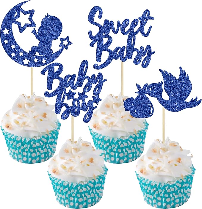 24Pcs Sweet Baby Boy Cupcake Toppers Moon Star Glitter Baby Shower Cupcake Picks Decorations for Gender Reveal Baby Shower Kids Boys Birthday Party Supplies Deep Blue