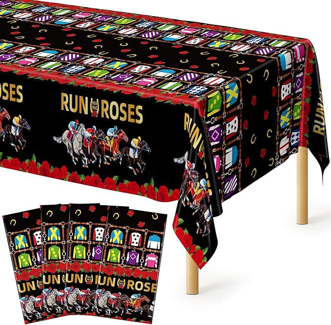 QZYL 4 PCS Derby Table Cloth, Disposable Plastic Derby Party Decorations, 54 x 108 Inch Horse Tablecloth, Kentucky Run for The Roses Tablecover for Horse Themed Party Decorations Supplies