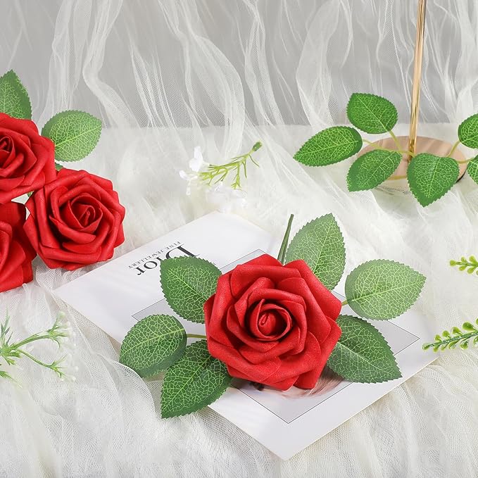 AmyHomie Artificial Flower Red Rose 100pcs Real Looking Fake Roses w/Stem for DIY Wedding Bouquets Centerpieces Arrangements Party Baby Shower Valentines Day Christmas Tree Decorations