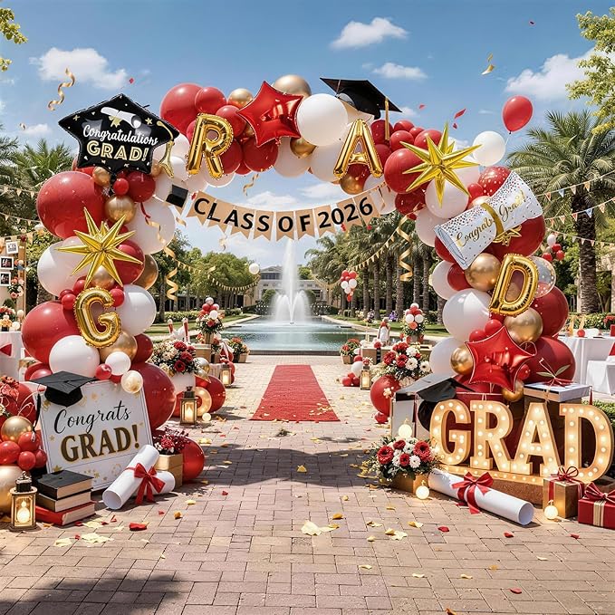 Red Graduation Balloons Garland Arch Kit, 115 PCS Red Gold White Graduation Star Print Cap Certificate Grad Foil Balloons with Gold Explosion Star Balloon for Graduate Class of 2026 Prom Party Decor