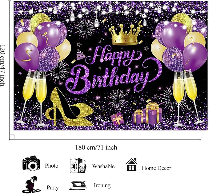 YinQin 180x120 cm Glitter Purple Golden Happy Birthday Party Backdrops Cloth 71x47 inch Photography Bday Backgrounds Black Purple Gold Happy Birthday Sign Banner Decorations for Girl Women