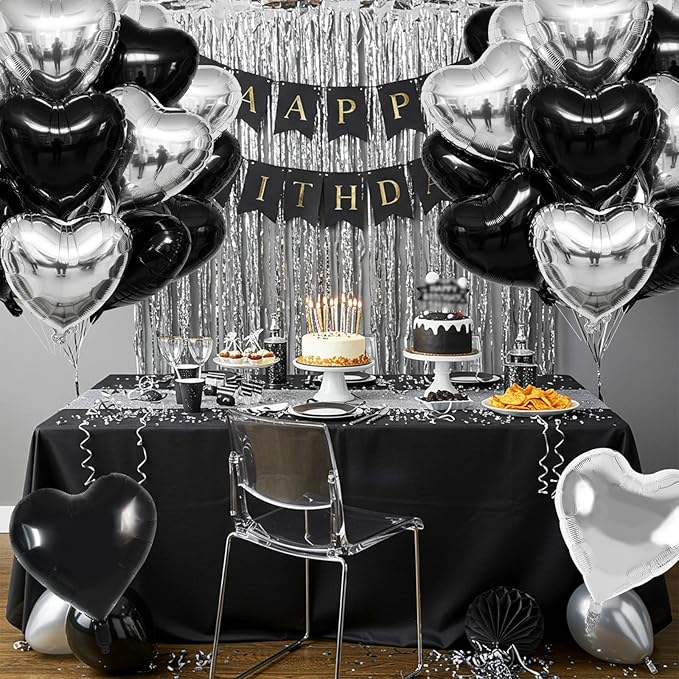 TONIFUL 30Pcs 18 Inch Black Silver Balloons Black Silver Heart Shape Foil Mylar Banners Decoration for Birthday Valentine's Day Wedding Bridal Shower Anniversary Engagement Party Supplies
